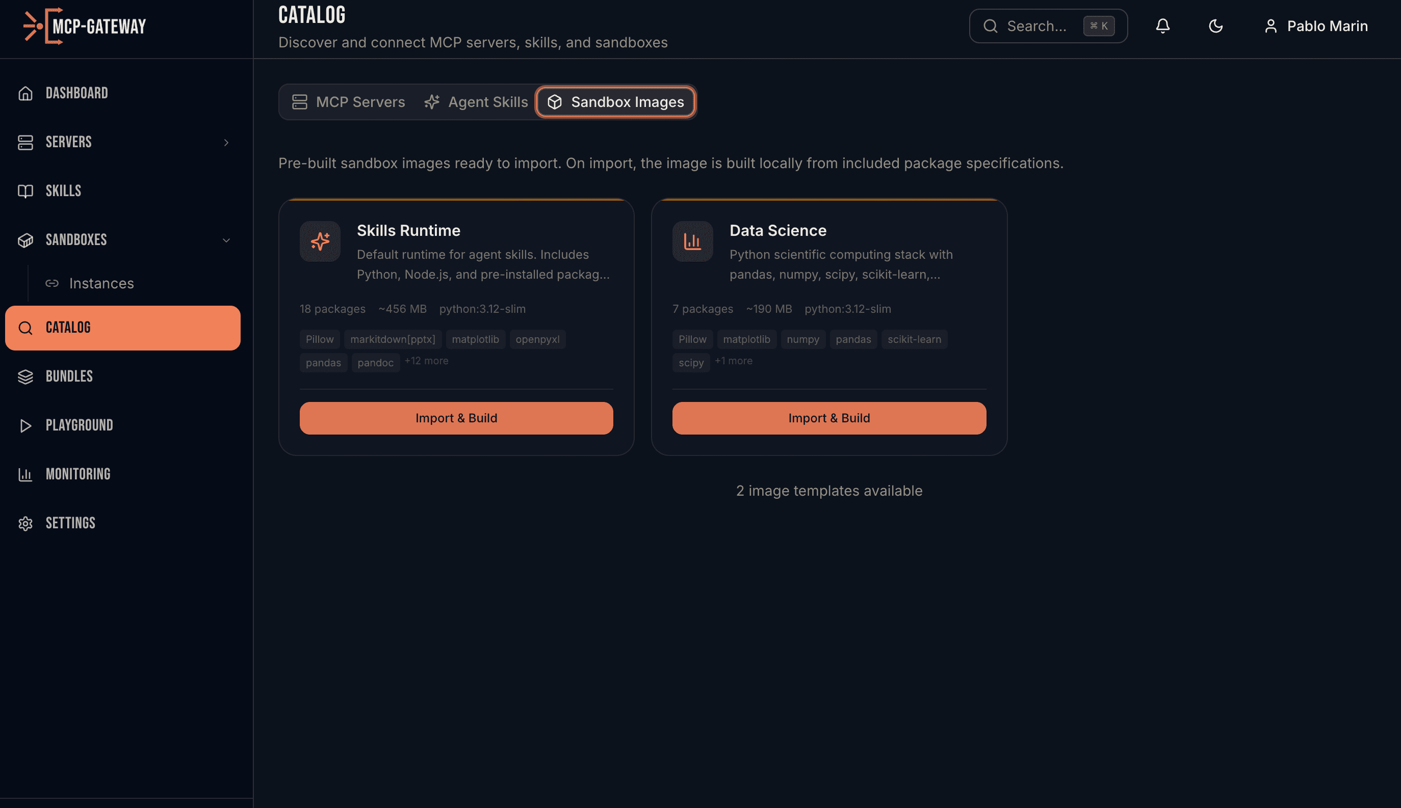 Sandbox image catalog — Skills Runtime and Data Science images ready to import