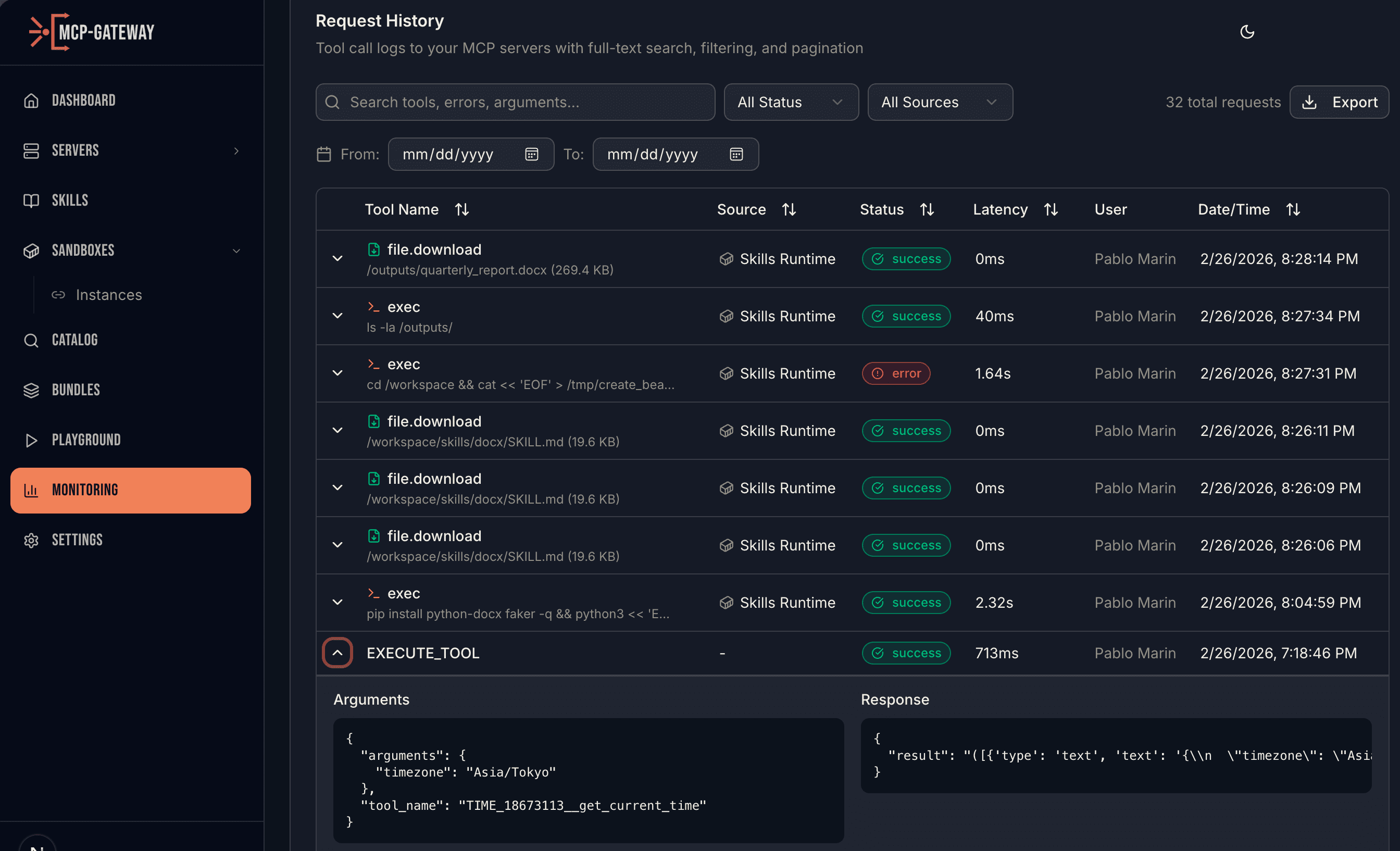 Request history — tool calls with arguments, responses, and latency