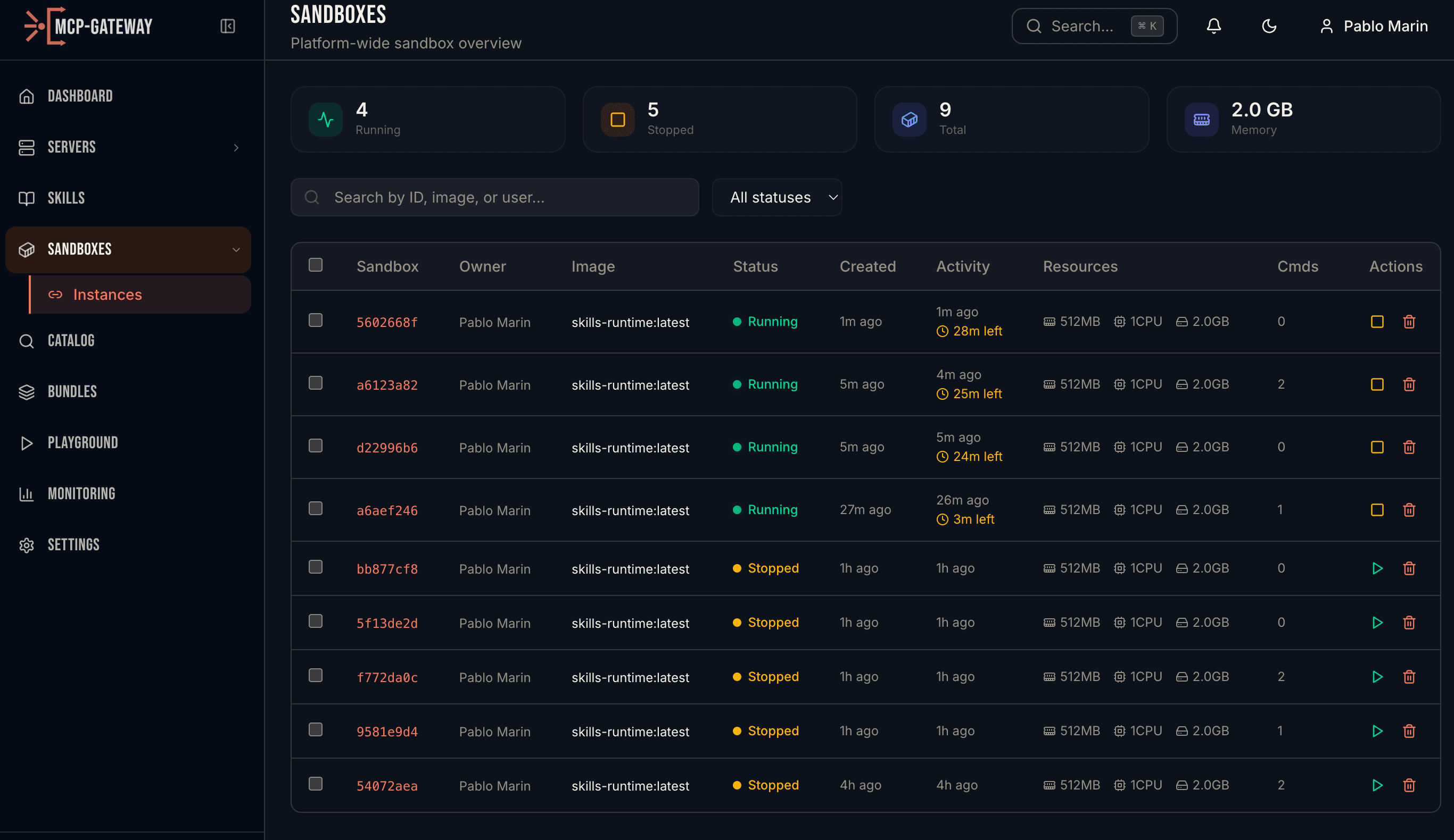 Sandboxes list showing running and stopped instances with resource usage and recent activity