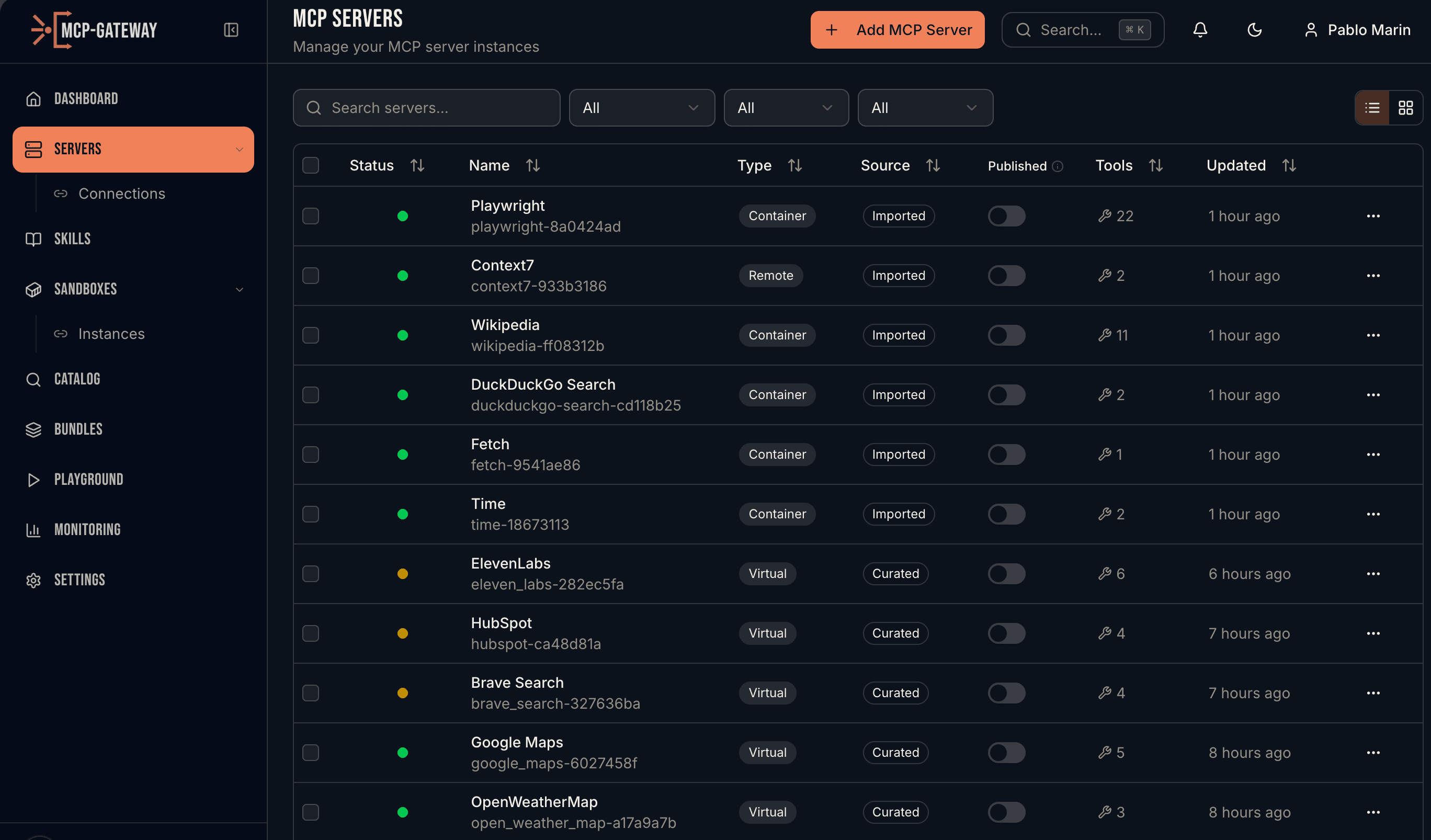 MCP Gateway — Servers Dashboard