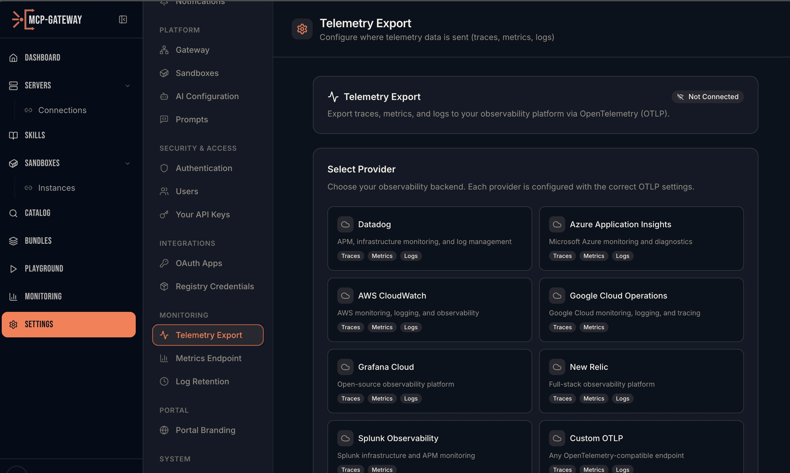 Telemetry Export settings — choose from 8 observability providers